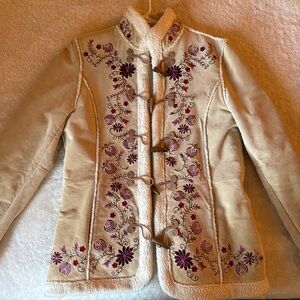 Embroidered Tan Jacket with Purple Floral Design